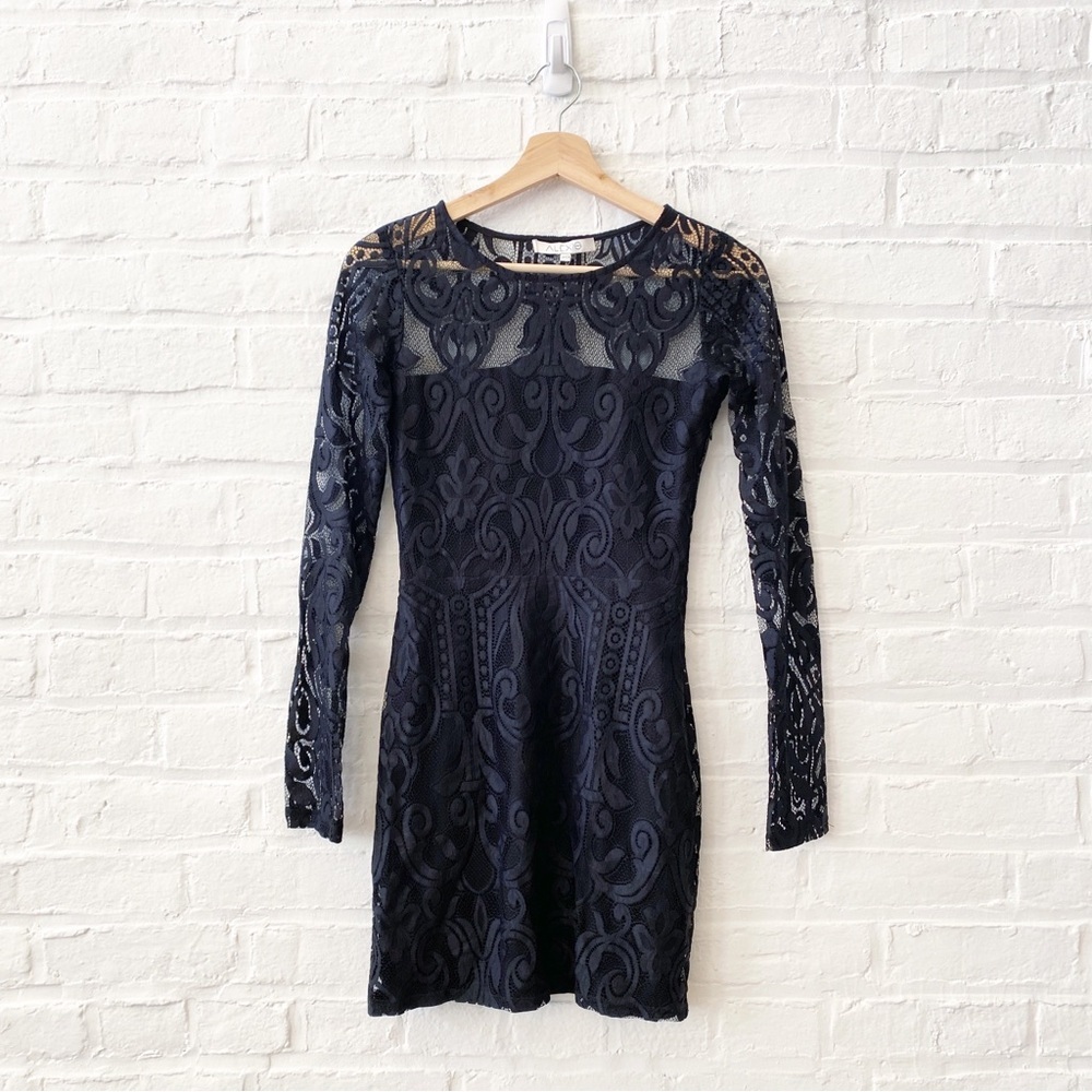 Alexis || Long Sleeve Lace Mini Dress Sheer Back Cocktail LBD Black‎ XS